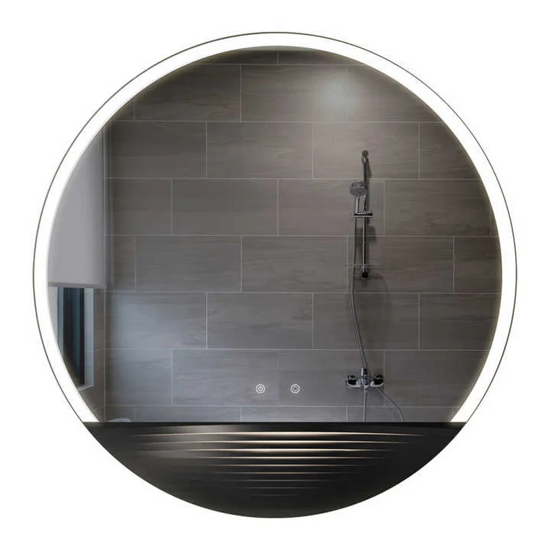 Full shot of the LED Half Moon Round Black Frame Mirror on a white background, featuring a ribbed bottom shelf and halo lighting.