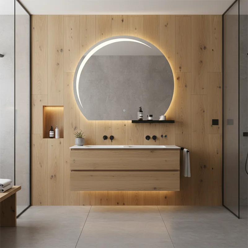 Luxury Half Moon and Shelf LED mirror mounted on a wood-paneled wall above a matching floating double vanity.