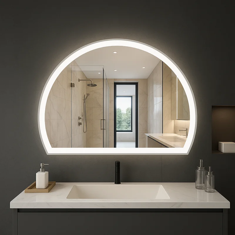 White Edge Half Moon Bathroom Vanity Mirror with LED glow above modern sink, reflecting a sleek shower and minimalist bathroom interior