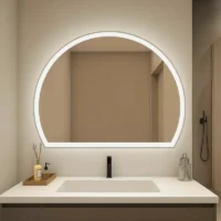 White Edge Half Moon Bathroom Vanity Mirror with LED border above sink, set in a minimalist beige bathroom with modern fixtures