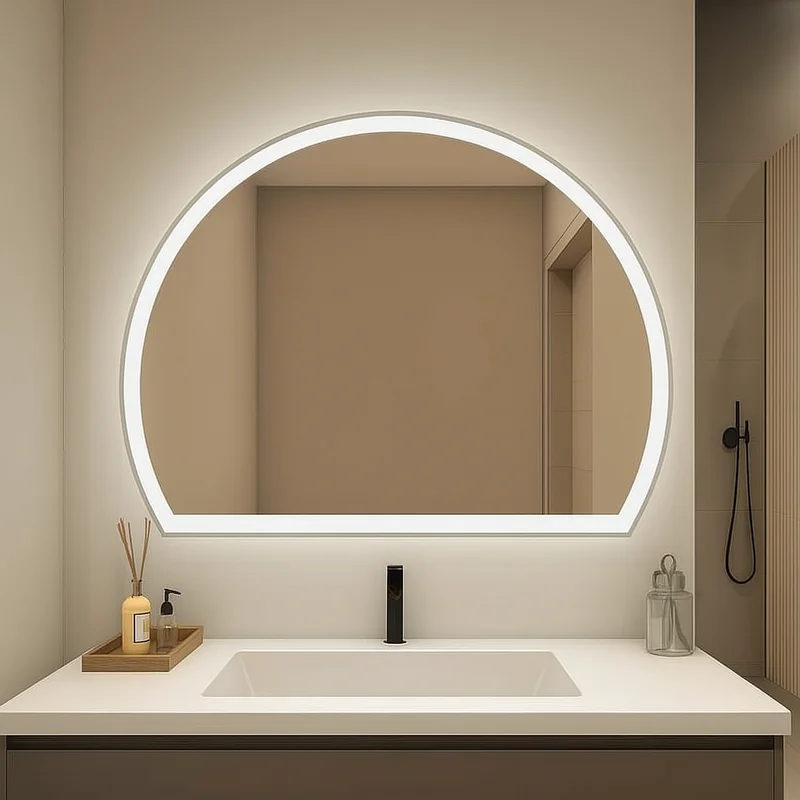 White Edge Half Moon Bathroom Vanity Mirror with LED border above sink, set in a minimalist beige bathroom with modern fixtures