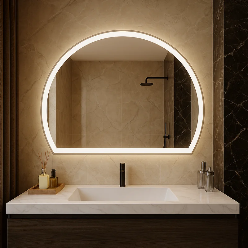 White Edge Half Moon Bathroom Vanity Mirror with LED frame above sink, set against marble wall with warm lighting and modern shower view