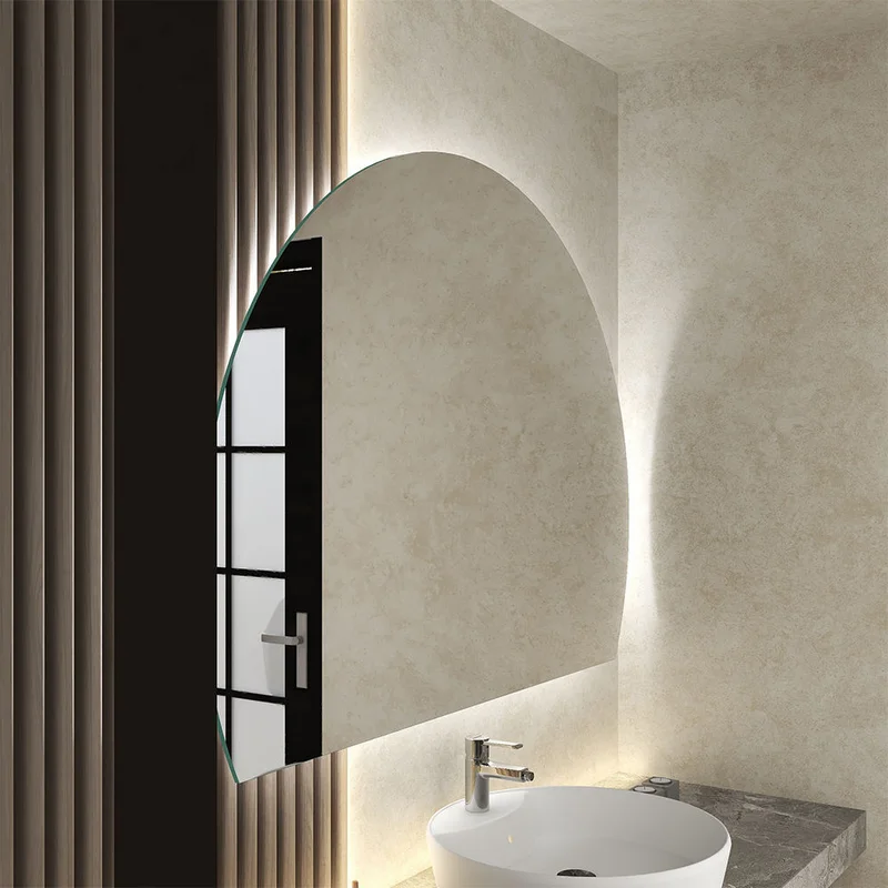 Classic Round LED 4/6 Moon Mirror: A modern half-moon backlit mirror over a white vessel sink in a minimalist bathroom.