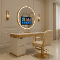 Compact golden framed circle tv mirror placed on a aesthetic table top