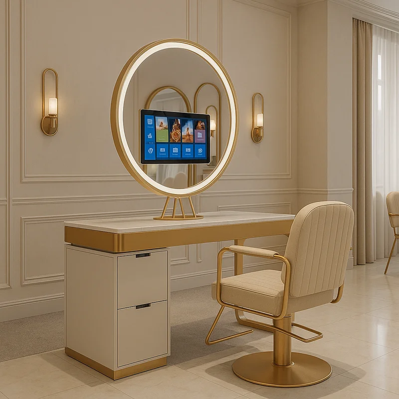 Compact golden framed circle tv mirror placed on a aesthetic table top