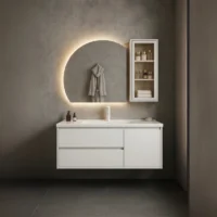Luxury 4/6 Mirror With Bathroom Cabinet Set: modern white floating vanity, arched backlit mirror, and side storage cabinet.