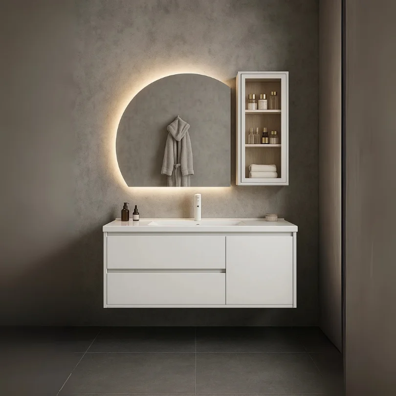 Luxury 4/6 Mirror With Bathroom Cabinet Set: modern white floating vanity, arched backlit mirror, and side storage cabinet.