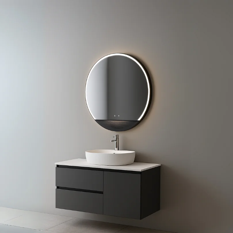 LED Half Moon Round Black Frame Mirror with cool white lighting, mounted on a grey wall above a white sink and black floating vanity.