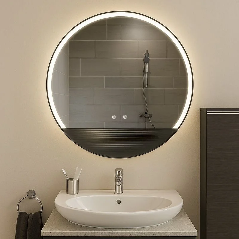 LED Half Moon Round Black Frame Mirror with warm backlighting, mounted on a beige wall above a white sink and grey vanity.