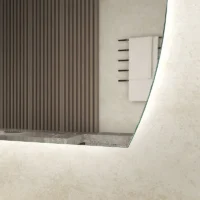 Classic Round LED 4/6 Moon Mirror edge detail with soft backlight, reflecting textured wall, wood paneling, and towel rack