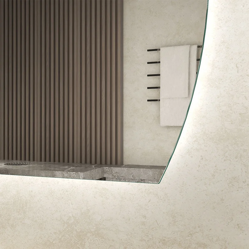 Classic Round LED 4/6 Moon Mirror edge detail with soft backlight, reflecting textured wall, wood paneling, and towel rack