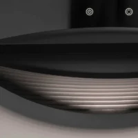 A profile view of the LED Half Moon Round Black Frame Mirror, showing the sleek black frame and integrated glowing light strip.