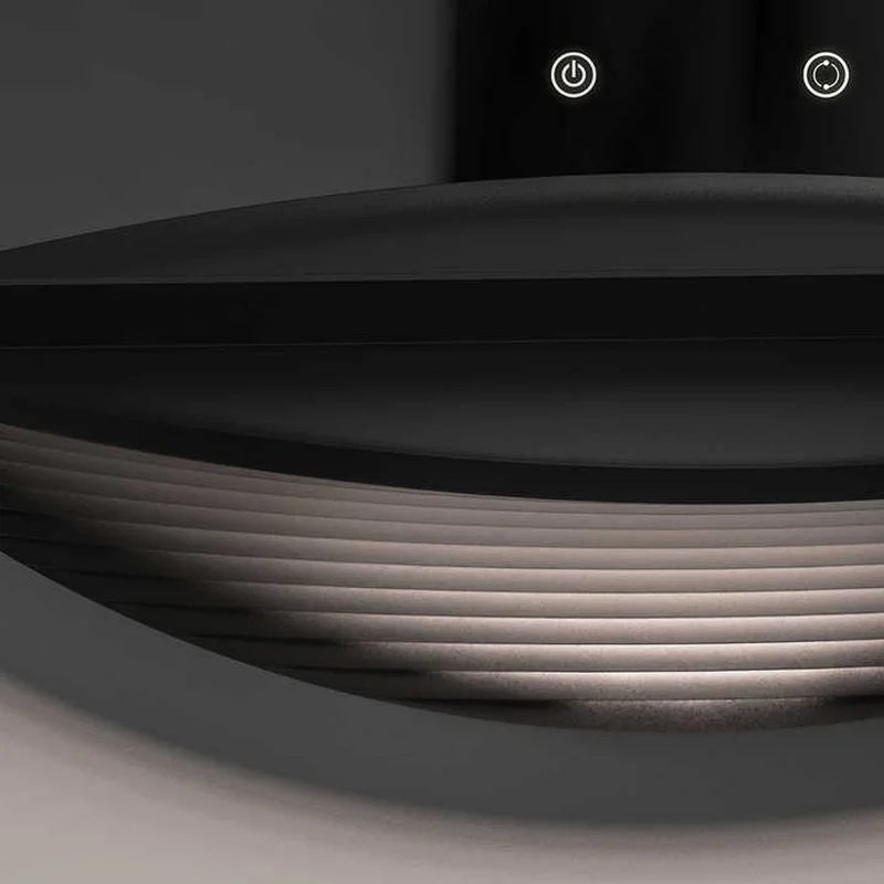 A profile view of the LED Half Moon Round Black Frame Mirror, showing the sleek black frame and integrated glowing light strip.