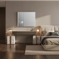A modern Hotel TV Medicine Cabinet Mirror mounted in a bedroom, featuring an integrated smart display on the left side.