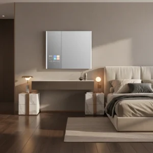 A modern Hotel TV Medicine Cabinet Mirror mounted in a bedroom, featuring an integrated smart display on the left side.