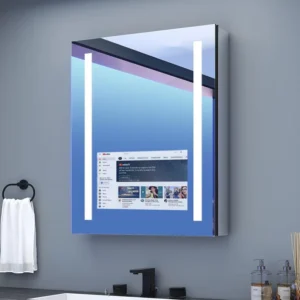A Luxury Medicine Cabinet with Integrated TV LED Mirror displaying a video interface between two vertical LED light strips.