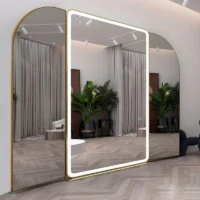 Creative Trifold LED Bridal Fitting Mirror with gold frames and a large, glowing LED rectangular center panel.