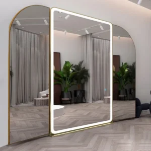 Creative Trifold LED Bridal Fitting Mirror with gold frames and a large, glowing LED rectangular center panel.