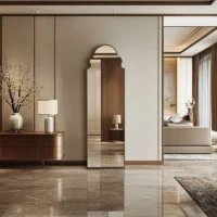 Moroccan Floor Wall Mirror, tall ornate arched mirror with gold frame reflecting a warm modern living space with wood accents.