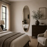 premium bedroom interior with oval shaped mirror