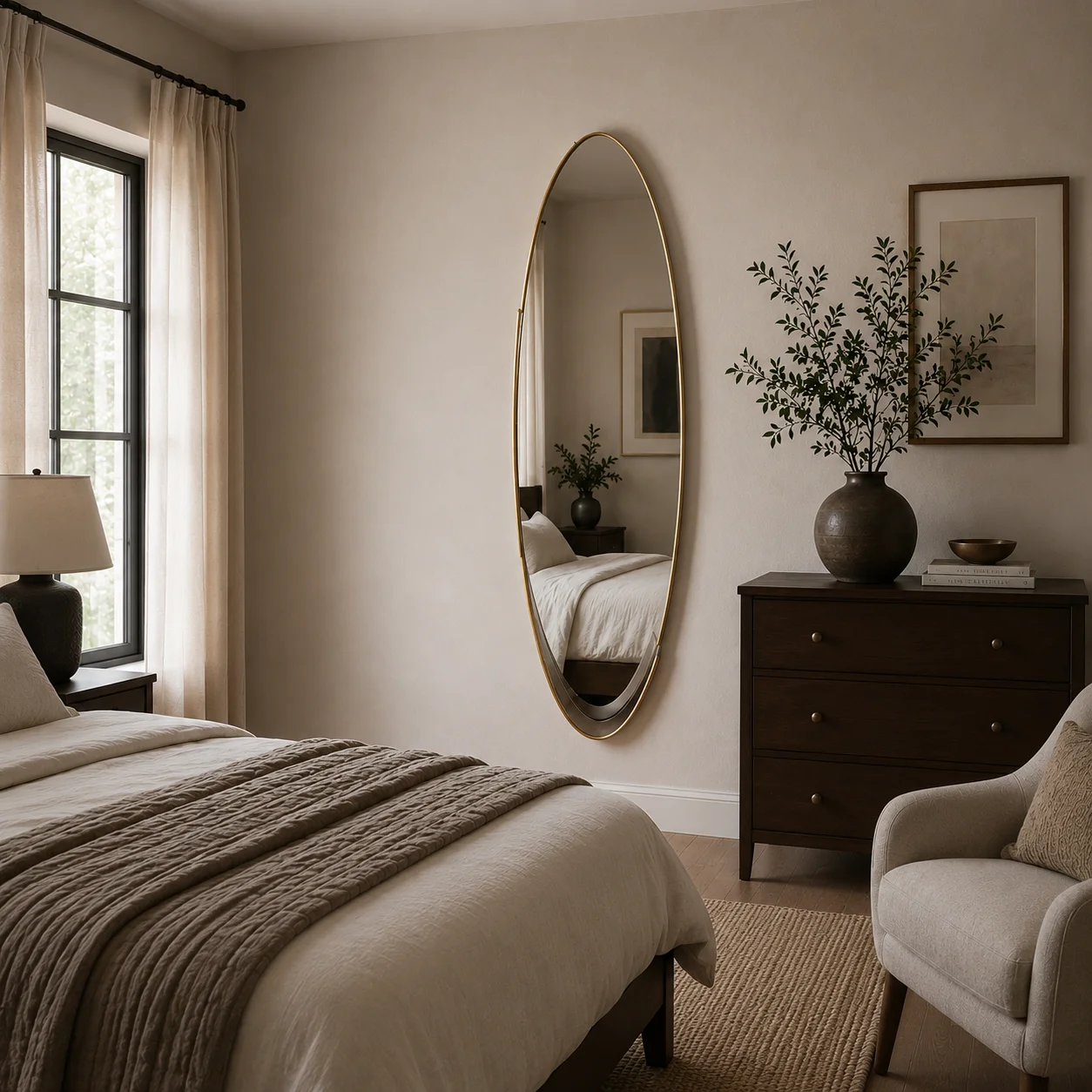 premium bedroom interior with oval shaped mirror