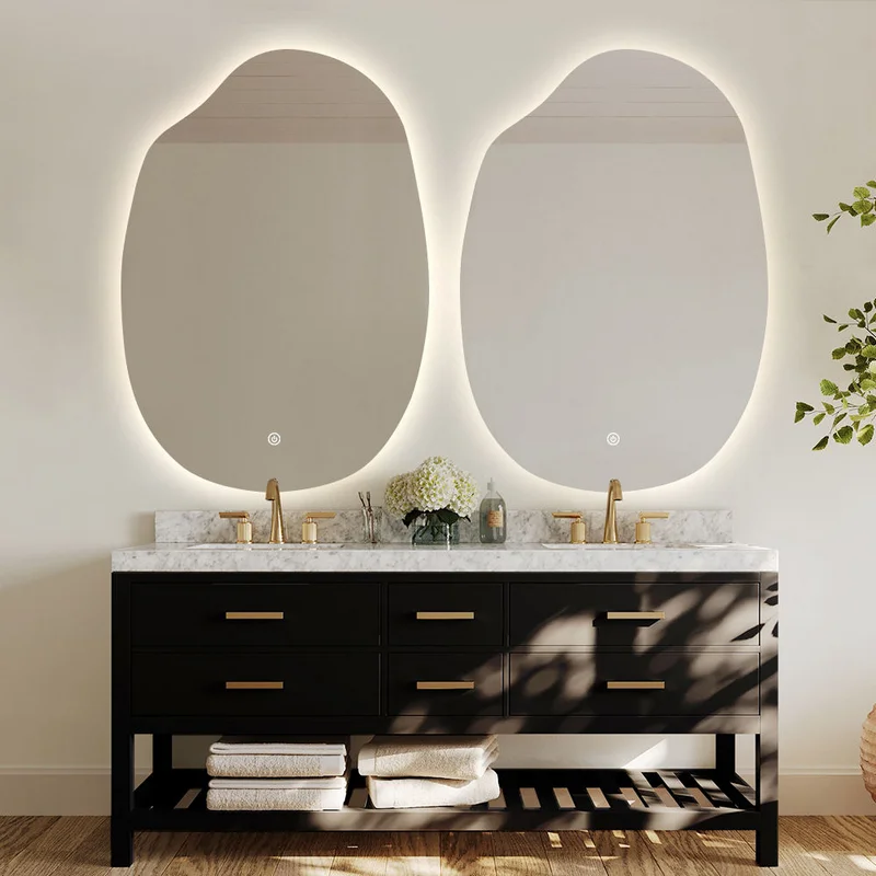 Japandi Organic Mirrors with Natural Wood Finishes, dual backlit mirrors above a modern double vanity with warm, minimalist decor