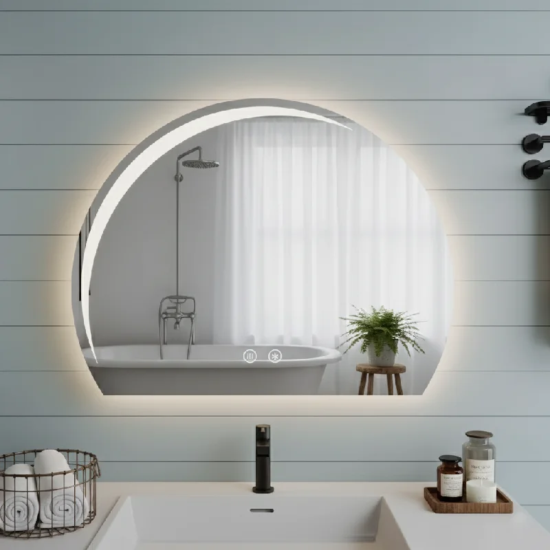 Luxury Half LED Moon Circle Mirror with warm backlit glow above modern sink vanity, reflecting a freestanding bathtub and minimalist bathroom decor.