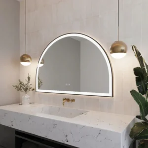 1-94947 - Mi-Mirror Arch Frame Half Circle Moon LED Mirror with soft backlight above a marble sink, paired with gold fixtures and pendant lights in a modern bathroom