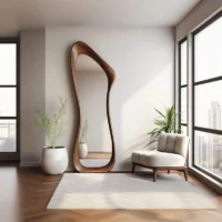 Japandi Wood Organic Floor Lean Mirror in a minimalist living room with a white chair and potted plants.