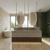 Modern bathroom with double vanity, oval hanging mirrors, freestanding tub, and glass shower—Hanging Mirrors for Boutique-Style Bathrooms