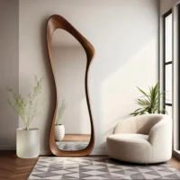 Japandi Wood Organic Floor Lean Mirror with curved frame in a minimalist room, beside a chair, plants, and large sunlit windows