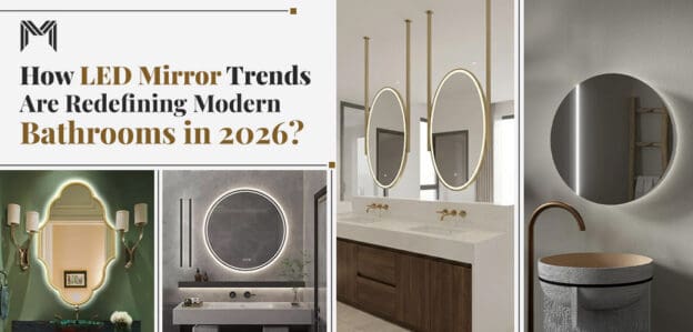 Collage of modern LED bathroom mirror designs showcasing 2026 trends in lighting, shapes, and smart functionality