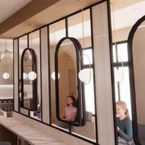 1-100232 - Mi-Mirror Modern cafe interior with black-framed mirrors, round pendant lights, and diners seated along a marble counter.