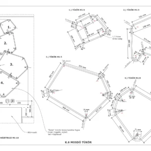 Technical drawing page showing labeled components (1–4) and multiple mirror designs with detailed dimensions in millimeters; includes top views and sectional diagrams on a single sheet.