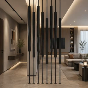 1-100238 - Mi-Mirror Modern living area with a black vertical slat screen forming a divider between foyer and lounge, warm lighting and beige tile floor.
