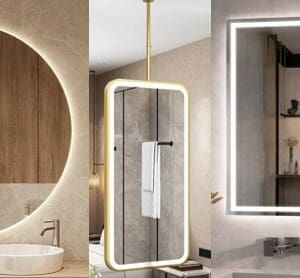 1 - Mi-Mirror Collage of three modern bathrooms featuring backlit mirrors: a round mirror over a sink on the left, a tall rectangular mirror with a towel on a gold bar in the middle, and a rectangular framed mirror above a sink with shelves on the right.