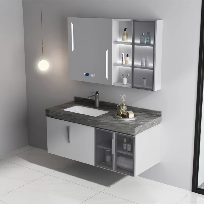 Modern bathroom vanity with marble countertop, undermount sink, and a wall cabinet with open shelves and glass doors (storage for toiletries).