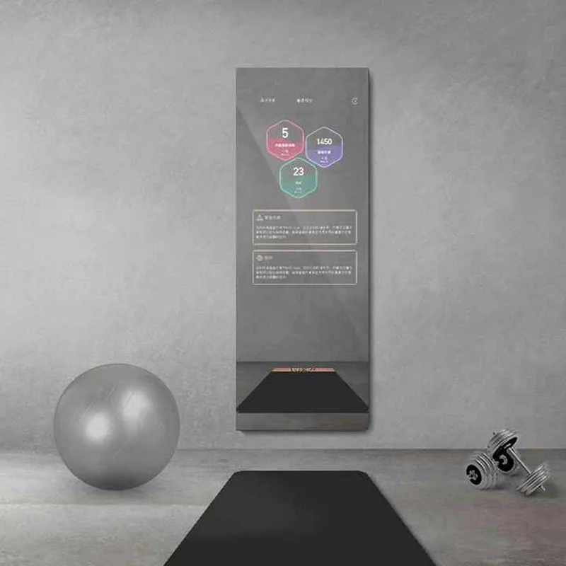 Fitness studio corner with a tall wall-mounted instructional panel, an exercise mat, a silver ball, and dumbbells nearby.