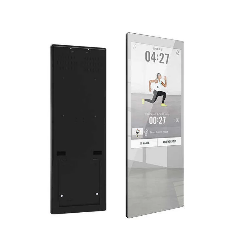 Slim upright touchscreen exercise device showing a running workout app with 4:27 timer and pause/end buttons; back panel shown in black from the rear.