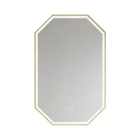 Octagonal wall mirror with a gold frame and white inner border, reflecting light.