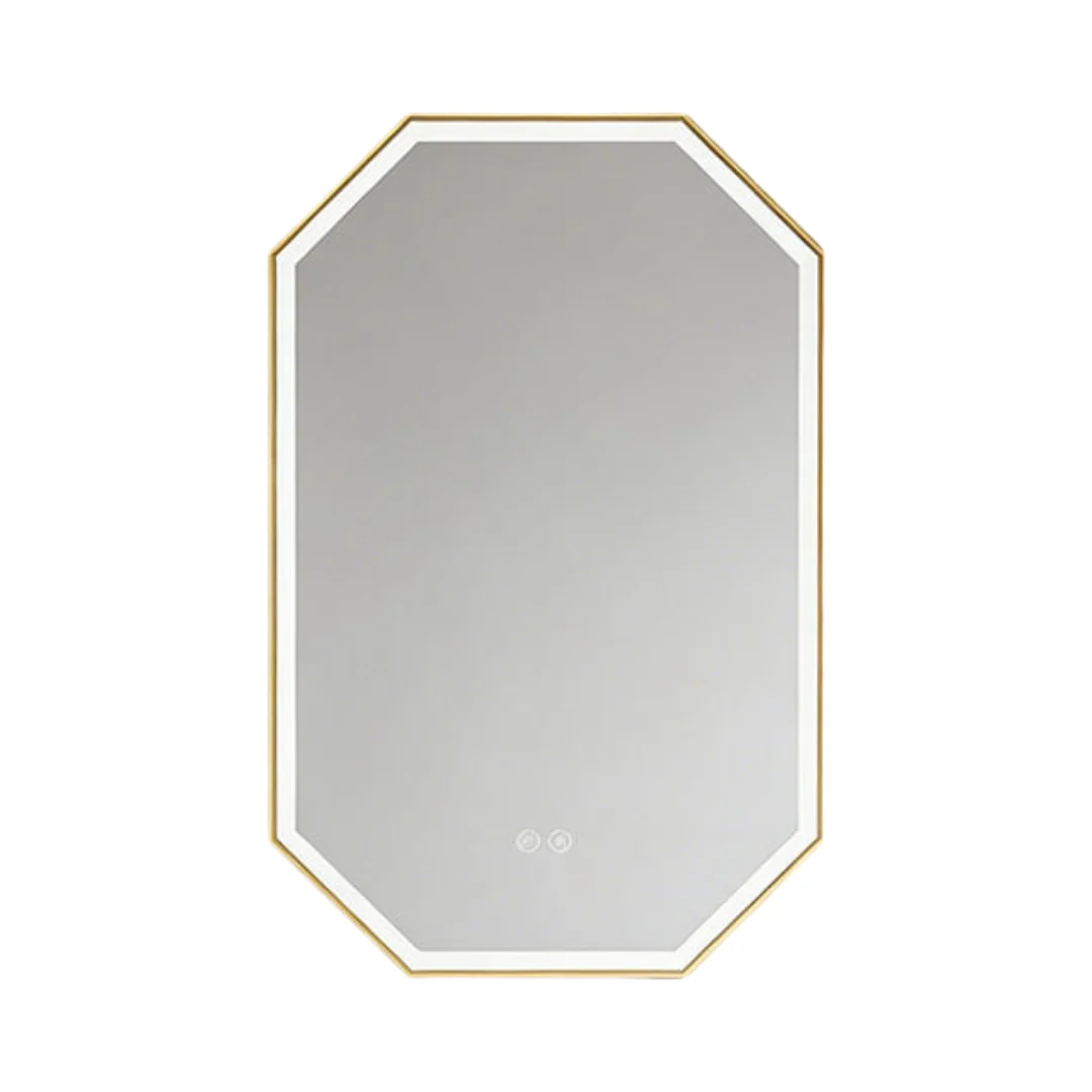 Octagonal wall mirror with a gold frame and white inner border, reflecting light.
