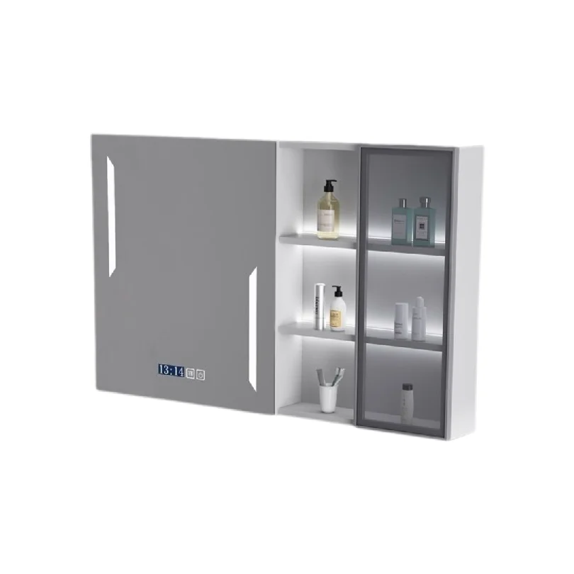 Wall-mounted bathroom cabinet with two sliding doors; left door closed, right glass door revealing shelves with bottles.