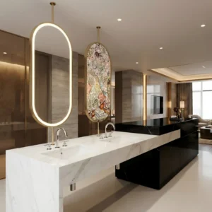 Modern hotel bathroom with a white marble double sink, backlit oval mirror, and a decorative panel.