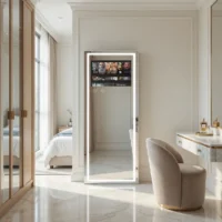 Tall backlit full-length mirror in a luxurious hotel suite, reflecting a vanity desk and a glimpse of the bed in the adjacent room