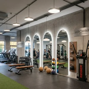 Modern gym interior with mirrors, benches, free weights, and a ball rack; sign reads Archway Fitness in view of workout area.