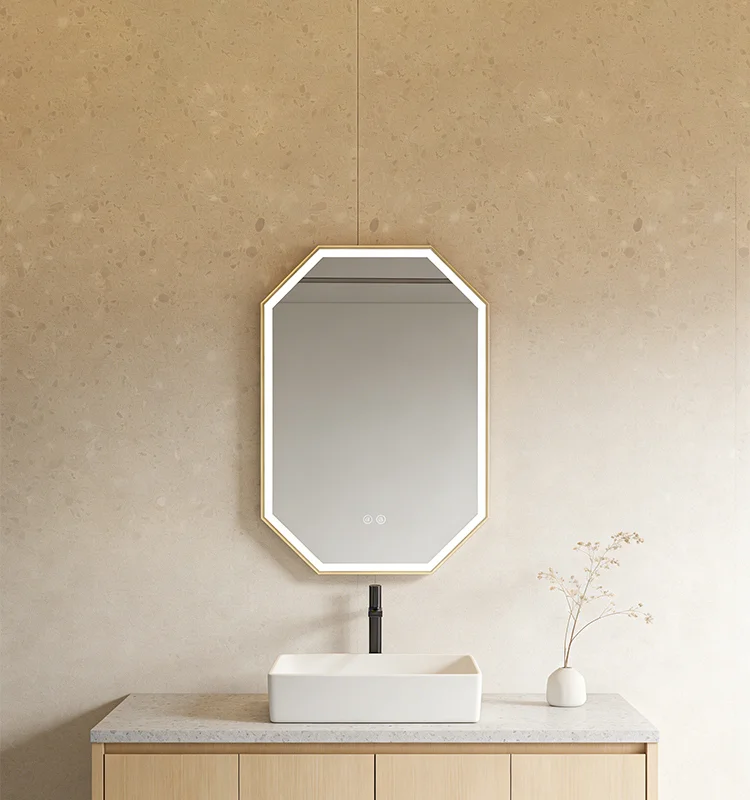 Octagonal backlit mirror above a white rectangular sink on a light wood vanity with a beige wall. For accessibility: describes the key elements and their arrangement.