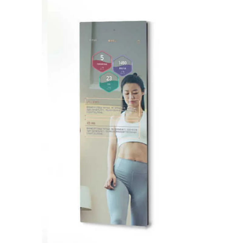 Woman in white sports bra and gray leggings with colorful hexagonal data overlays (fitness HUD) projected in front of her.