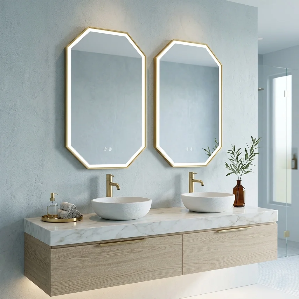 Modern bathroom vanity with double oval sinks, gold faucets, and two octagonal-framed mirrors above a marble countertop.
