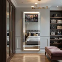 Full-length backlit mirror reflecting a tufted bed and organized wardrobe in a stylish bedroom.
