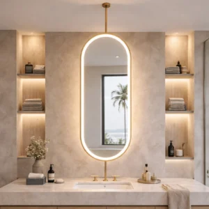 Backlit oval mirror above a marble bathroom sink, reflecting a window with a palm tree outside. Shelves with towels and bottles flank the sink area.